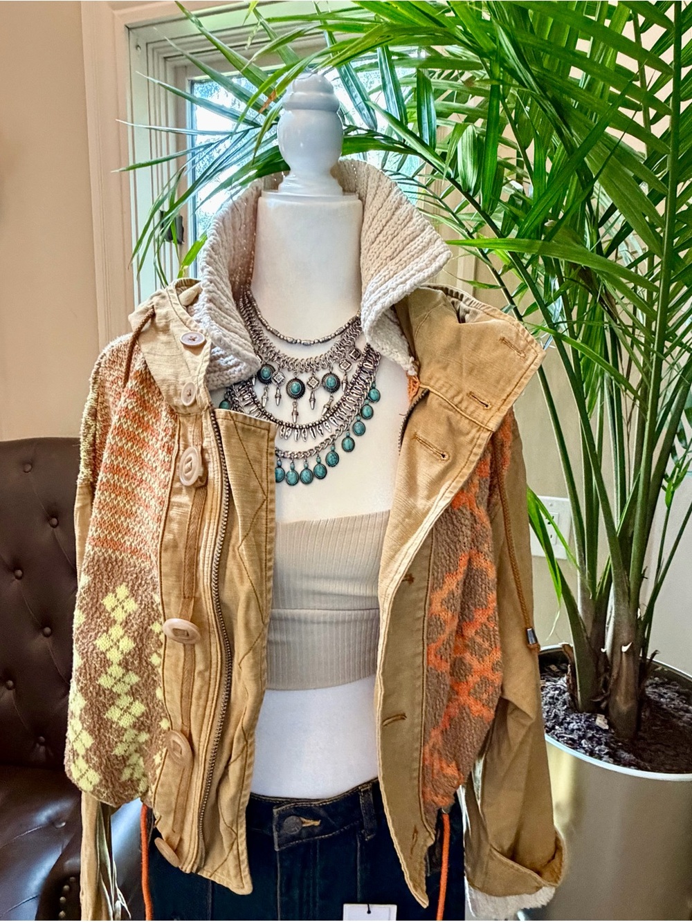FREE PEOPLE Reno Knit Patchwork Cropped BOHO Jacket Coat Utility Aztec Brown Sm - Picture 11 of 16